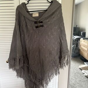 Debbie Morgan Charcoal Knit Poncho with Fringe